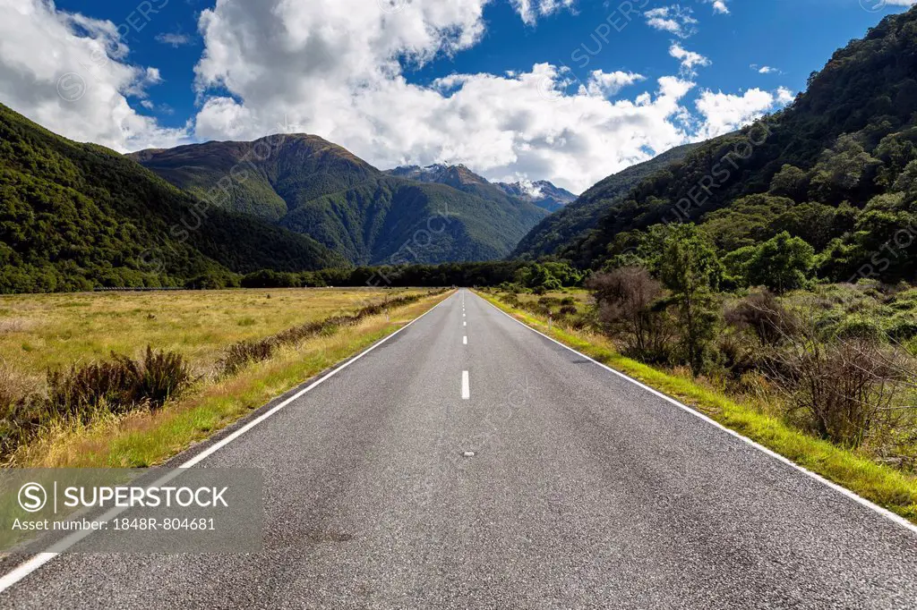 Highway 6 with views of the Wilson Ridge, Haast, West Coast Region, New Zealand
