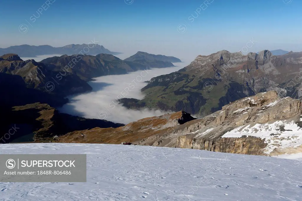 View over a sea of fog from Titlis Mountain, Obwalden, Switzerland, Europe