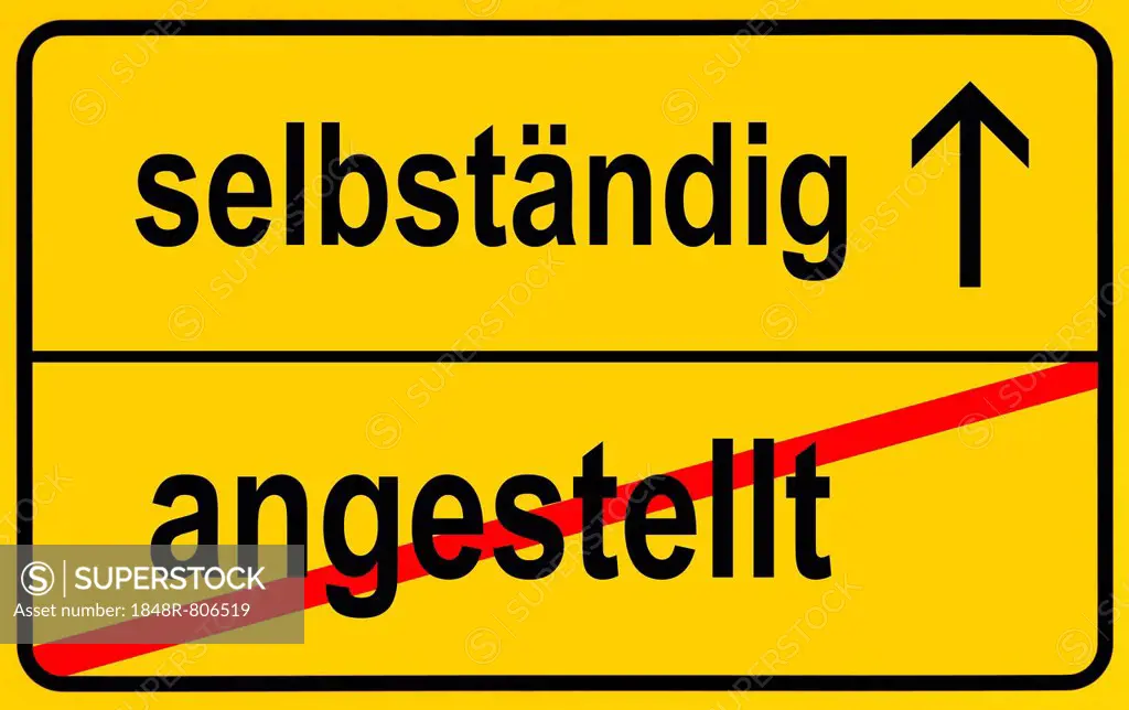 City limit sign, leaving angestellt, entering selbstaendig, German for leaving employment, entering self-employment