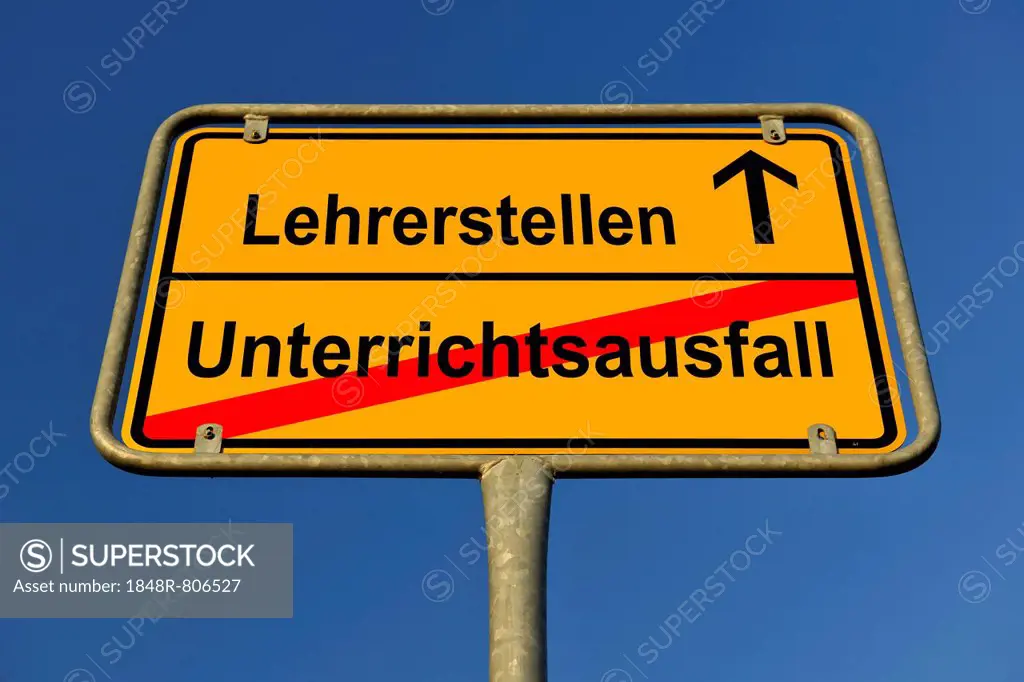 City limit sign, leaving Unterrichtsausfall, entering Lehrerstellen, German for leaving cancelled lessons, entering teaching jobs