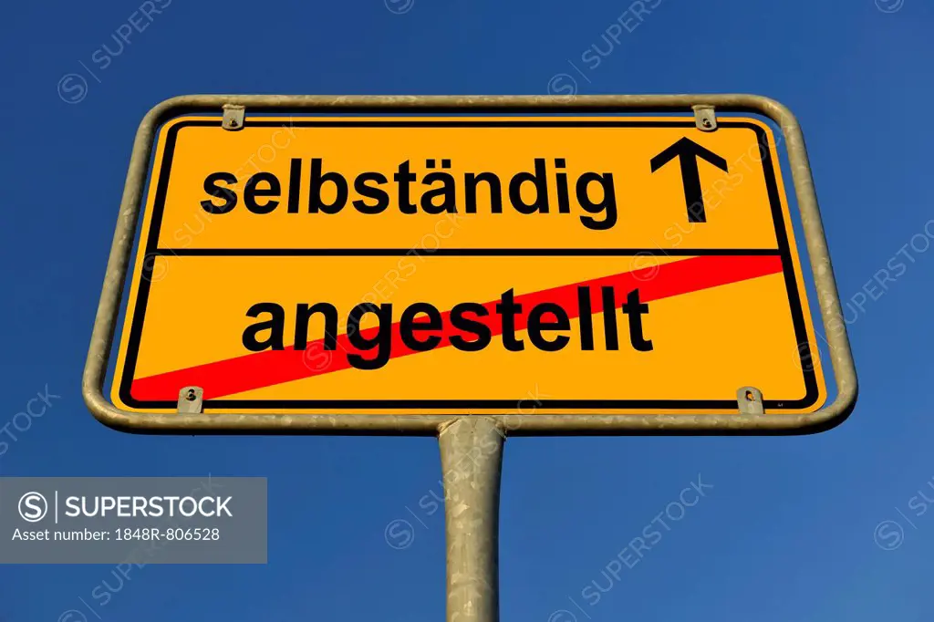City limit sign, leaving angestellt, entering selbstaendig, German for leaving employment, entering self-employment