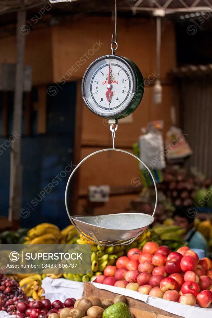 Scales with a bowl for fruit at a market, Chiclayo, Lambayeque, Peru, South America