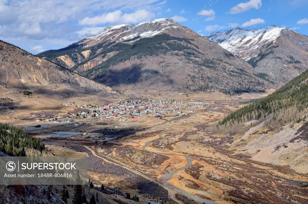 View of the silver mining town of Silverton on the Animas river as seen from San Juan Skyway, Colorado, USA