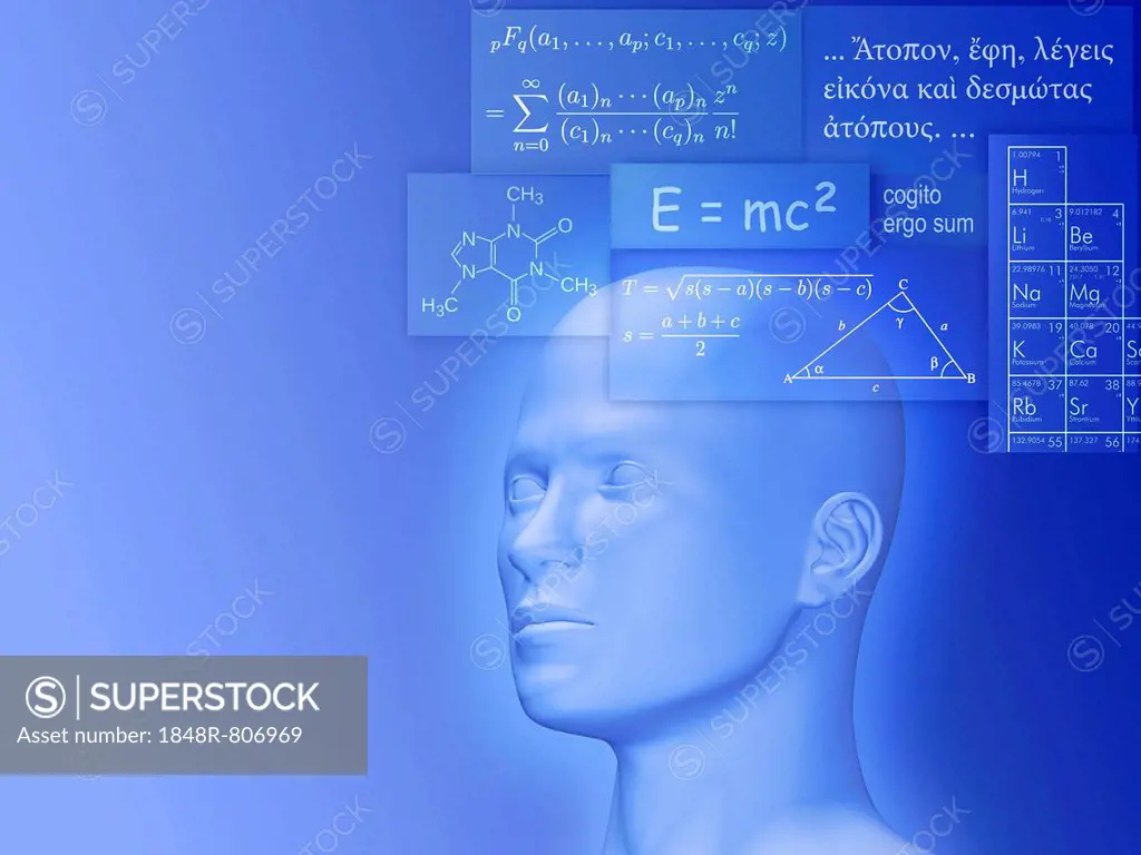 Symbolic image depicting knowledge, blue head with various written tables: mathematical formulas, chemical formulas, excerpts from Plato's Allegory of...