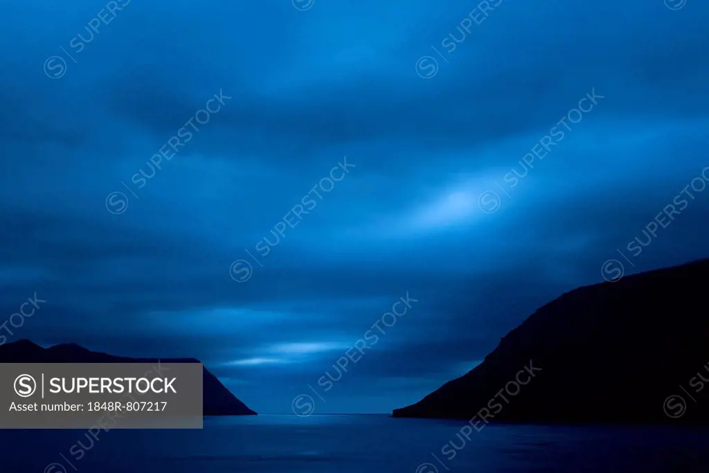 Night mood, strait between the islands of Eysturoy and Kalsoy, Eysturoy, Faroe Islands, Denmark