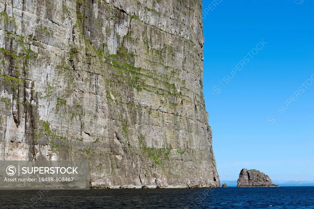 Cliffs and sea, rock formation off the beach, Fugloy, Norðoyar, Faroe Islands, Denmark