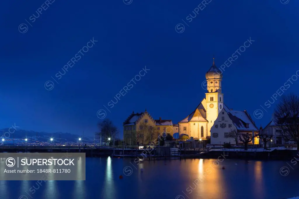 Night view of the Church of St. George, Wasserburg - Bodensee, Swabia, Bavaria, Germany