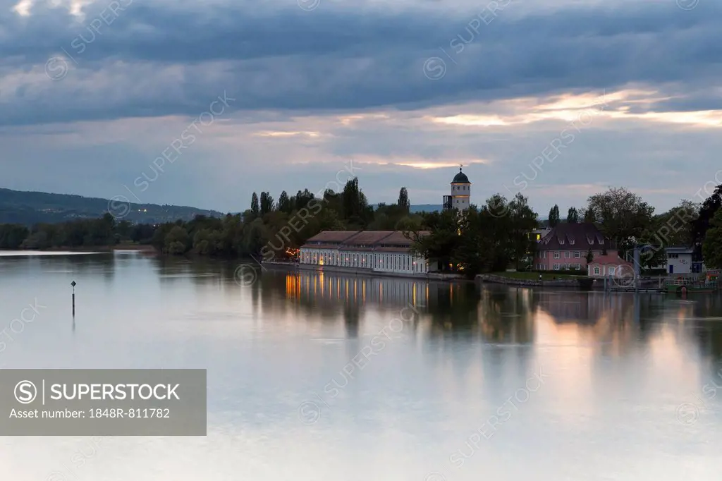 Dusk at the Seerhein or Lake Rhine River, with the old water tower and the Bleiche building, Stromeyersdorf, Konstanz, Baden-Württemberg, Germany