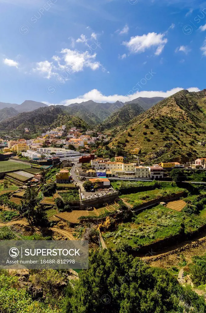 Town of Vallehermoso, from the Mirador Almendrillo, Vallehermoso, La Gomera, Canary Islands, Spain