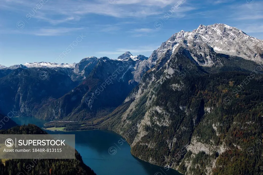 Aerial view, Koenigssee lake surrounded by mountains, Königssee, Berchtesgadener Land District, Upper Bavaria, Bavaria, Germany