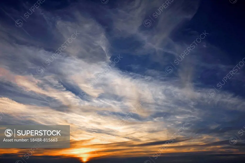 Cirrus clouds (Cirrus) with the setting sun, Middle Franconia, Bavaria, Germany