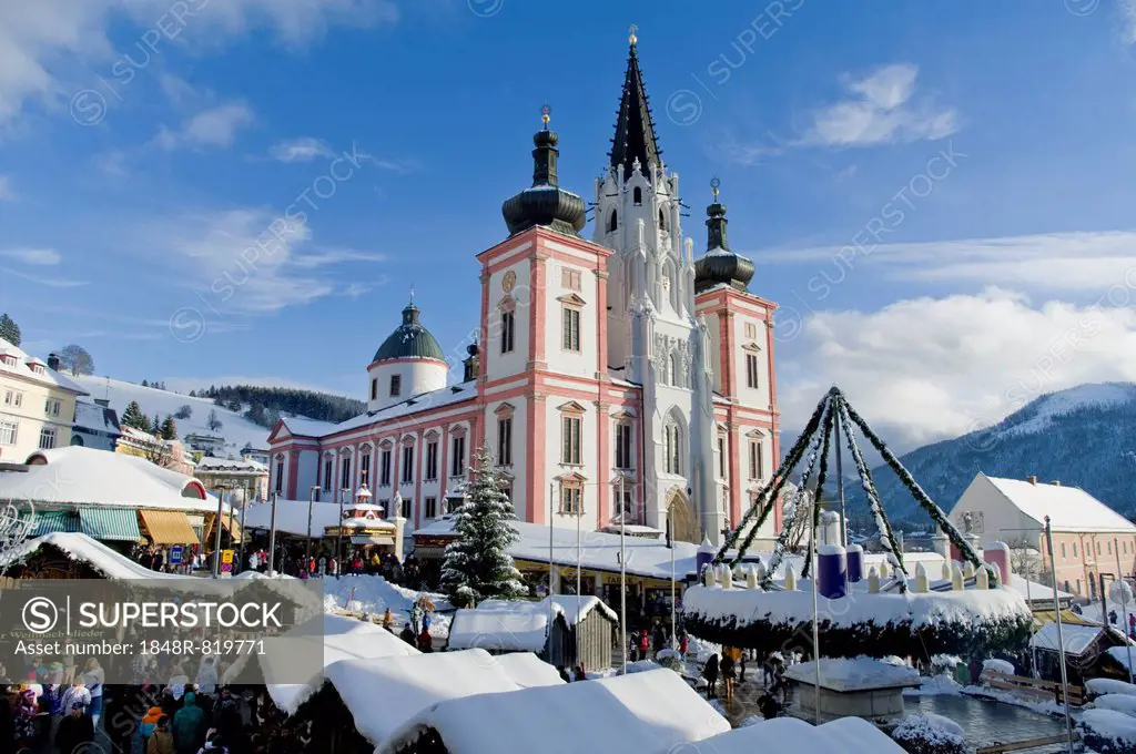 Christmas market in front of the Mariazell Basilica on the main square of Mariazell, Upper Styria, Styria, Austria