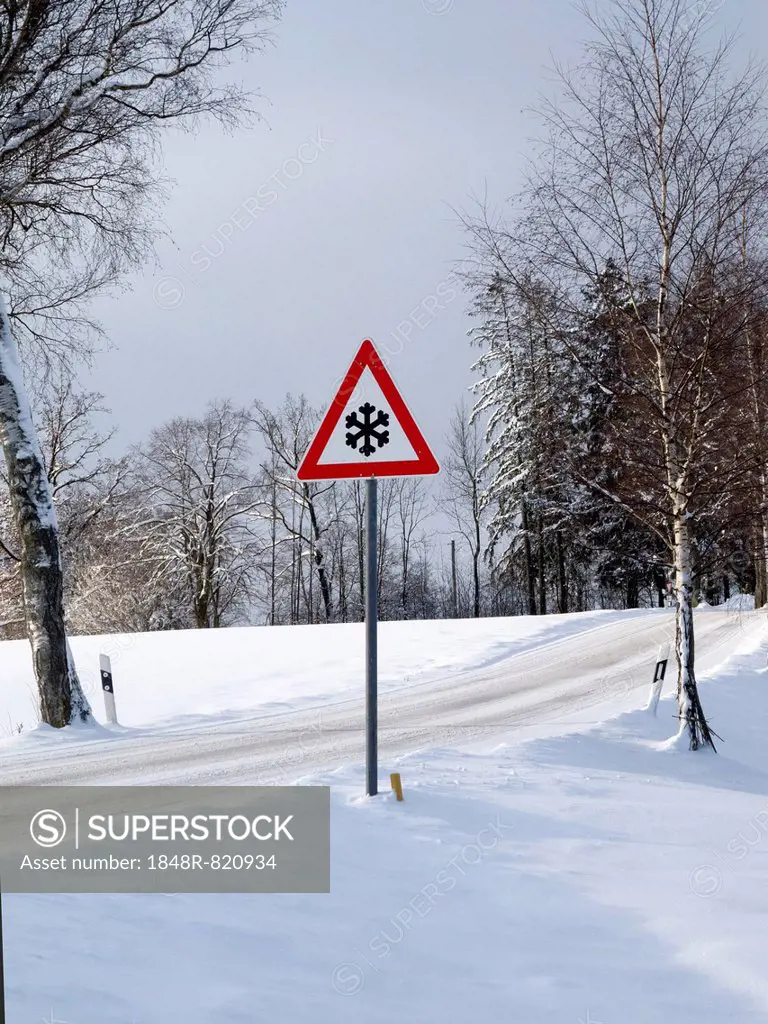 Traffic sign in winter, Upper Bavaria, Bavaria, Germany