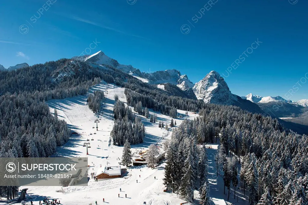 Skiers on Hausberg Mountain, winter landscape, Garmisch-Partenkirchen, Bavaria, Germany