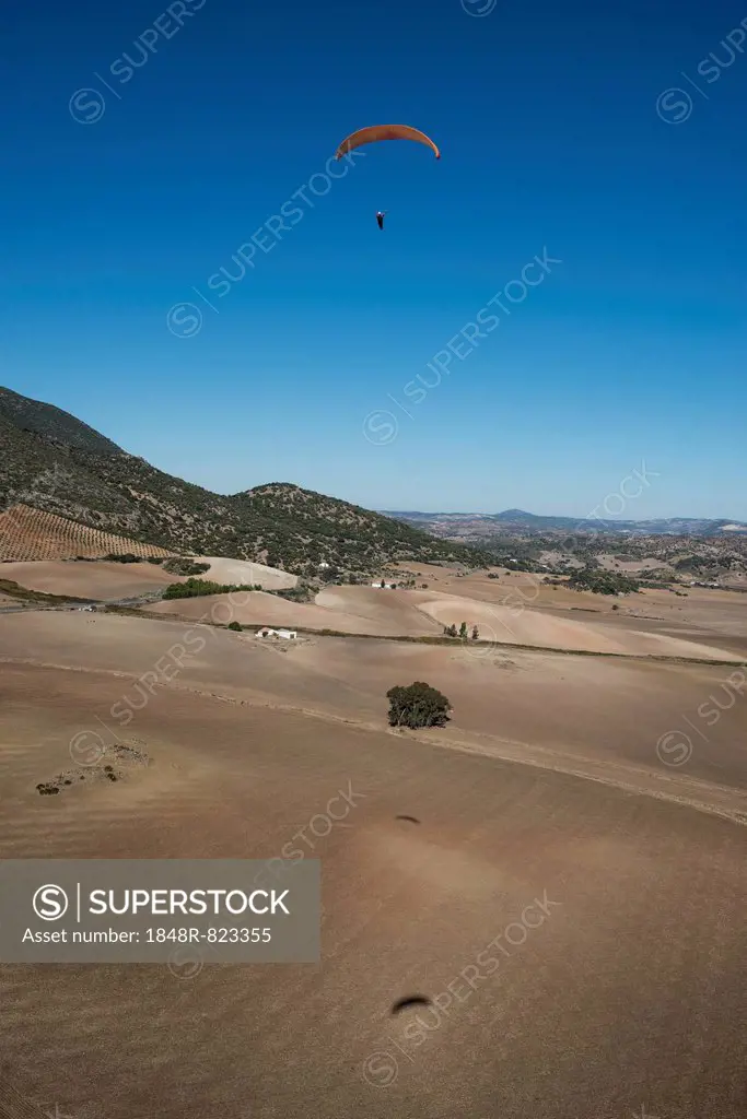 Paraglider above fields in the Sierra de Cádiz, Andalusia, Spain