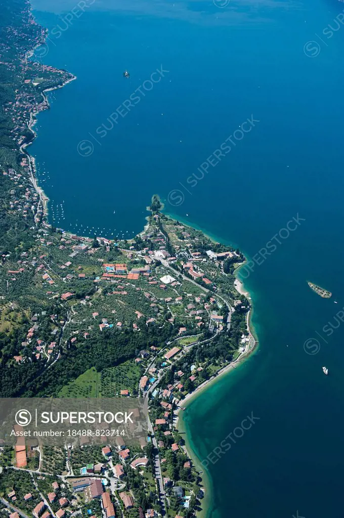 Aerial view, Malcesine, Lake Garda, Val di Sogno bay, Isola di immaginazione, Veneto, Verona Province, Italy