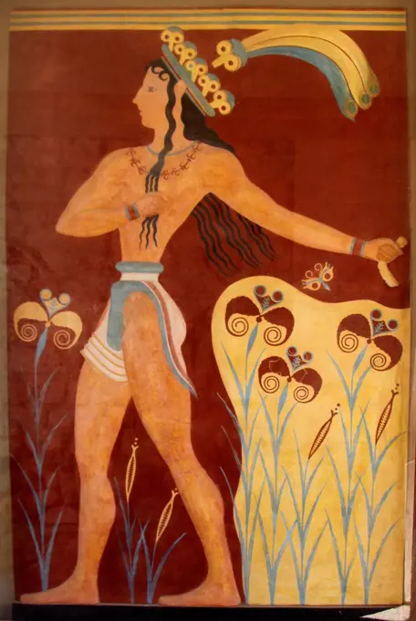 Mural painting, Knossos, archaeological excavation site, Minoan Palace, Heraklion, Crete, Greece, Europe