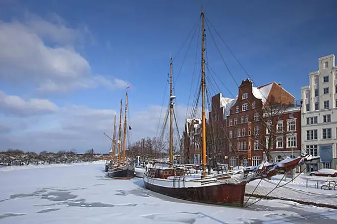Sailing ship in the snow in winter in the harbour museum at the Hanseatic City of Luebeck, Obertrave, Germany, Europe