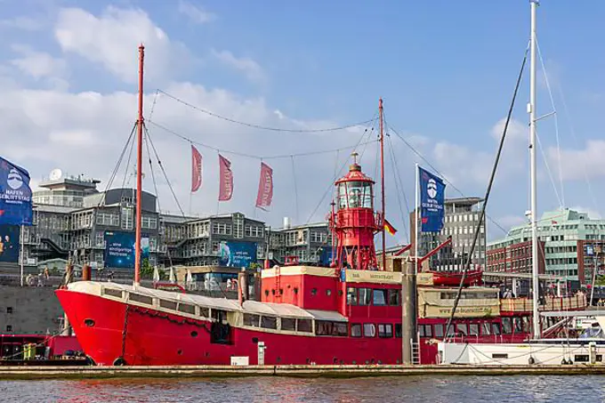 Red museum ship Lightship LV 13 in front of City Sporthafen, Hanseatic City of Hamburg, Land Hamburg, Northern Germany, Germany, Europe