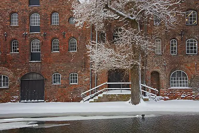 Historic salt warehouses in the snow in winter, Hanseatic city, Luebeck, Germany, Europe