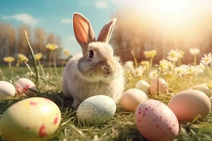 A cute Easter bunny in front of colourful Easter eggs in a green spring meadow under a blue sky, AI generated