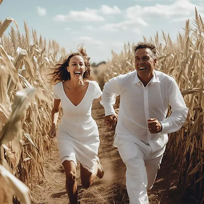 Laughing Couple running through a field in bright sunshine, Ai generated