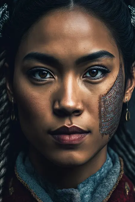 Portrait of a young indigenous woman, with face painting, Afro-Asian, AI generated