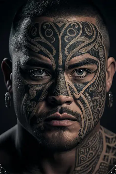 Portrait, man with tattoo on face, tattoo, earrings, beard, Maori, AI generated