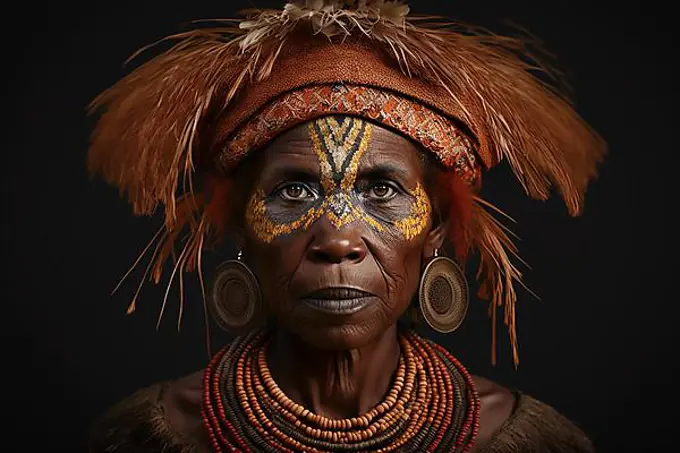 Portrait of Huli Wigmen tribe woman from Papua New Guinea. Ai generated art