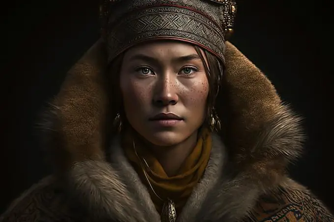 Portrait of woman from Nenets tribe in Siberia. Ai generated art