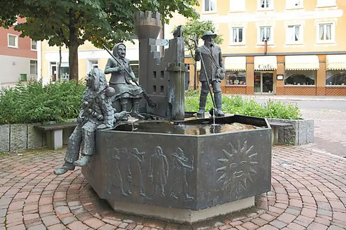 Narrenbrunnen in Furtwangen, Southern Black Forest, Black Forest, Baden-Wuerttemberg, Germany, Europe