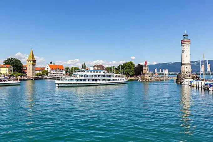 City on Lake Constance Marina Harbour with Ship Travel in Lindau, Germany, Europe