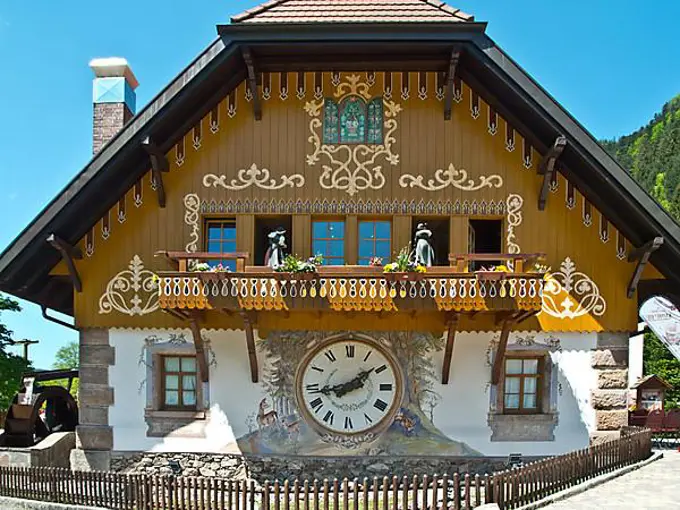 Black Forest Clock at Hofgut Sternen, Hoellensteig, Hoellental, Ravennaschlucht, Black Forest, Baden-Wuerttemberg, Germany, Europe