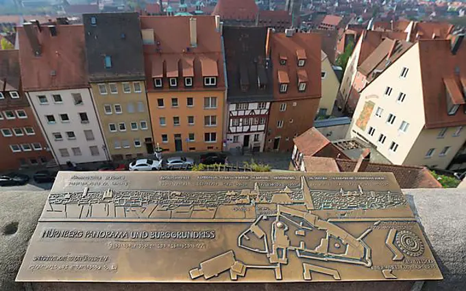 Overview board of the city of Nuremberg in Braille on the Klaiserburg, Nuremberg, Middle Franconia, Bavaria, Germany, Europe