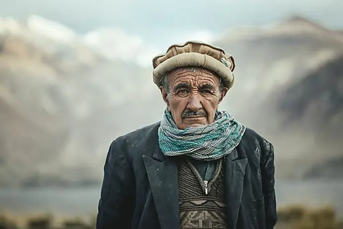 Portrait of a village chief, settled Wakhi, behind him the mountains of the Hindu Kush, Wakhan Corridor, Saradh-e-Broghil, Afghanistan, Asia