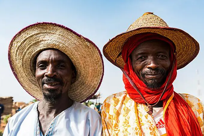 Portrait of two friendly Peul men, Niger, Africa