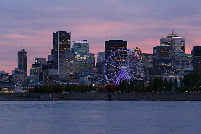 Illuminated Big Wheel in the Old Port, Montreal, Province of Quebec, Canada, North America