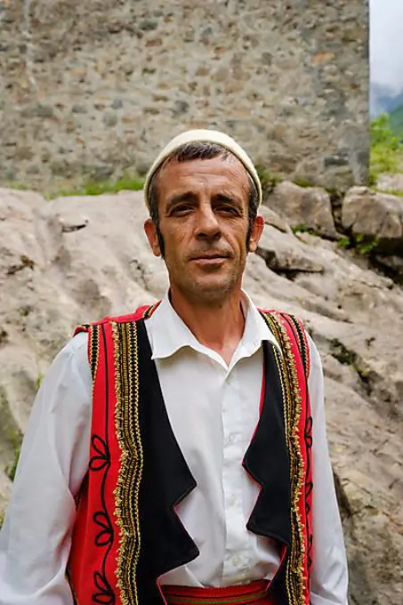 Man in traditional costume, Theth, National park Theth, Albanian Alps, Prokletije, Qark Shkodra, Albania, Europe