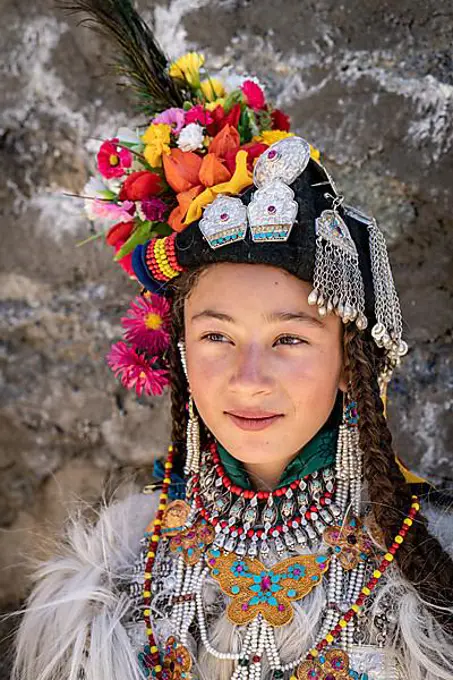 Ladakh, India, August 29, 2018: Portrait of an indigenous girl in traditional costume in Ladakh, India. Illustrative editorial, Asia
