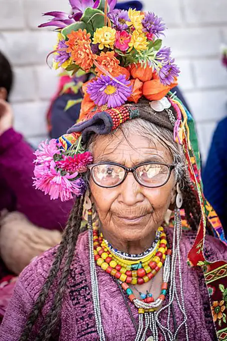Ladakh, India, August 29, 2018: Portrait of an indigenous elderly woman with glasses in Ladakh, India. Illustrative editorial, Asia
