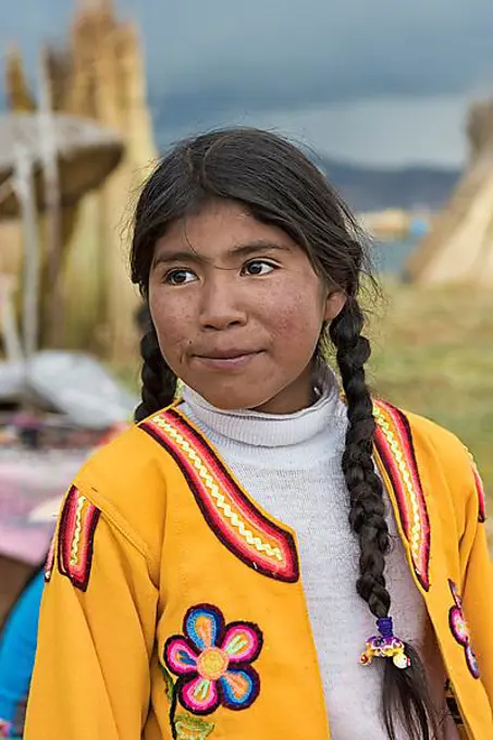 Native girl, portrait, tribe of the Urus, Lake Titicaca, Puno region, Peru, South America