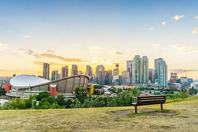 Downtown of Calgary at sunset during summertime, Alberta, Canada, North America