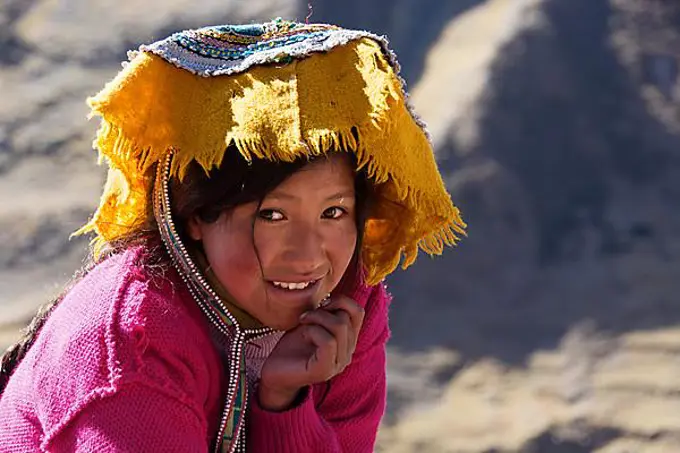 Indio girl in traditional costume, portrait, Cusco Province, Peru, South America