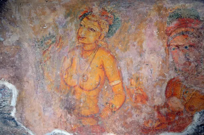 Cloud maidens, fresco on cave wall, 5th Century, Lion Rock, rock fortress, UNESCO World Heritage site, Sigiriya, Sri Lanka, Asia