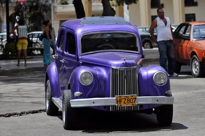 Vintage car in Plaza Central, historic district of Havana, Cuba, Caribbean, Central America