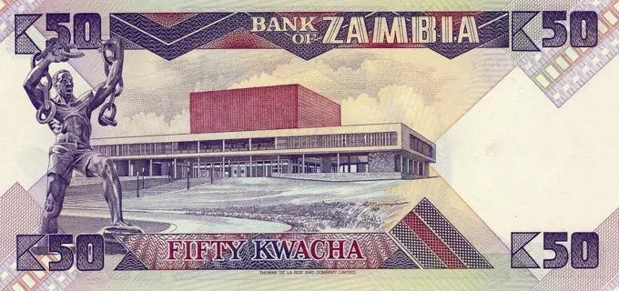 Banknote from Zambia, 50 kwacha, the parliament building in Lusaka, 1986
