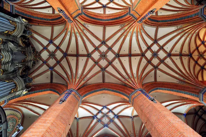 Vaulted ceiling with columns, left the Baroque organ case, Marienkirche or St. Mary's Church