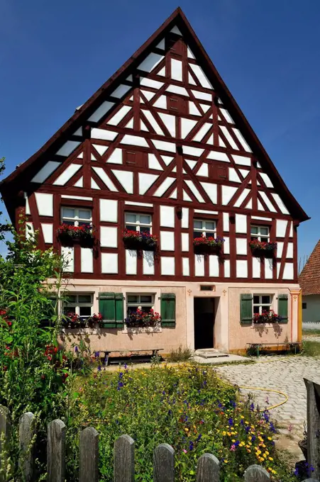 Half-timbered farmhouse on stone base, built 1821 Franconian Open Air Museum, Bad Windsheim, Middle Franconia, Bavaria, Germany