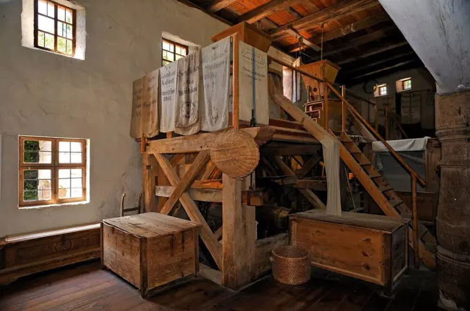 Mill space of a flour mill, built in 1575, Franconian Open Air Museum, Bad Windsheim, Middle Franconia, Bavaria, Germany