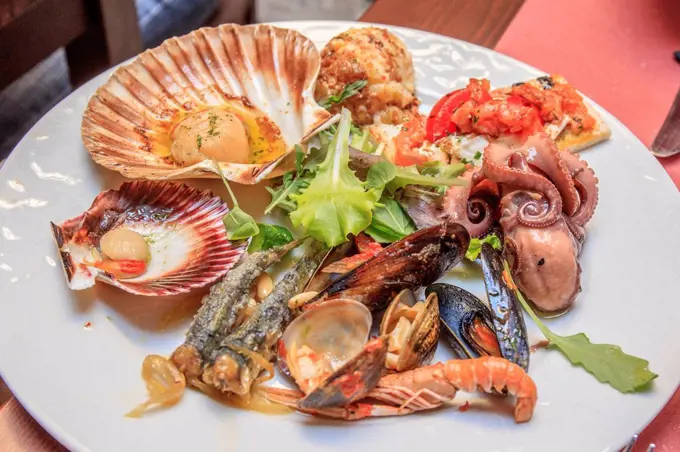 Plate of antipasti with mussels, calamari and anchovies, Venice, Italy